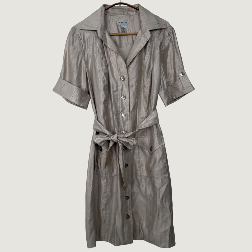 Chico's Size 2 Champagne Shimmer Button Front Belted Shirt Dress Large Beige